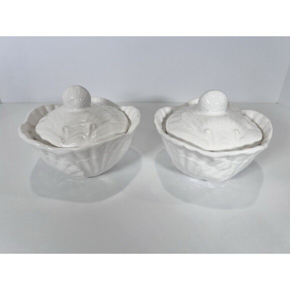 VTG OLFAIRE Portugal White Ceramic Shell Lidded Bowls Set Of 2- Coastal‎ Cottage - Picture 2 of 15